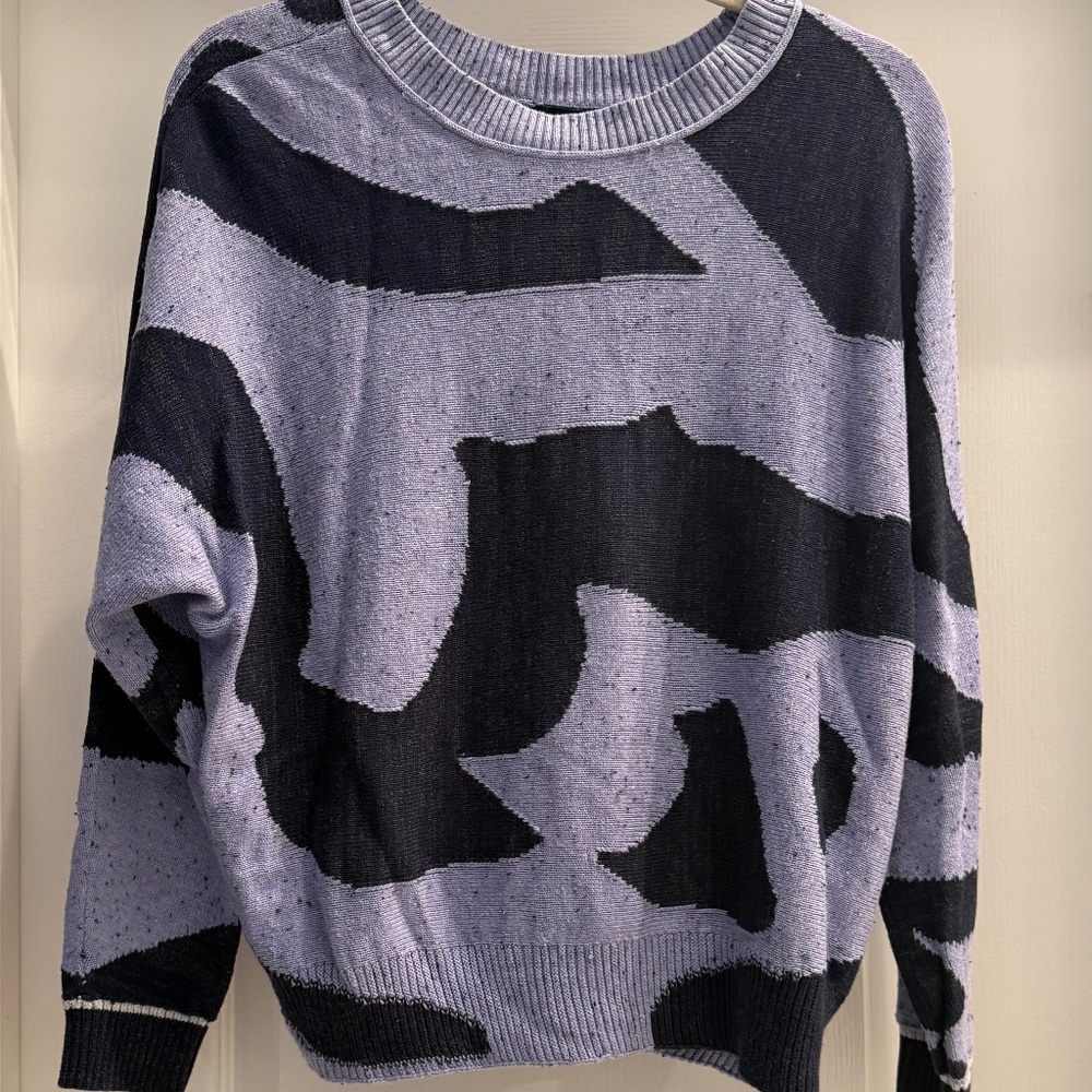 NIC & ZOE Dusk Days Abstract Light Purple/Black Swirl Knit Sweater, Large